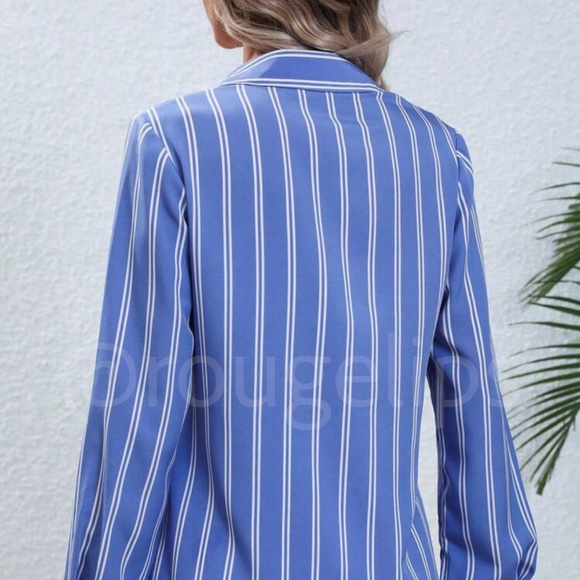 Blue White Striped Shirt Button Up / Down Long Sleeve, Collar - Picture 6 of 9